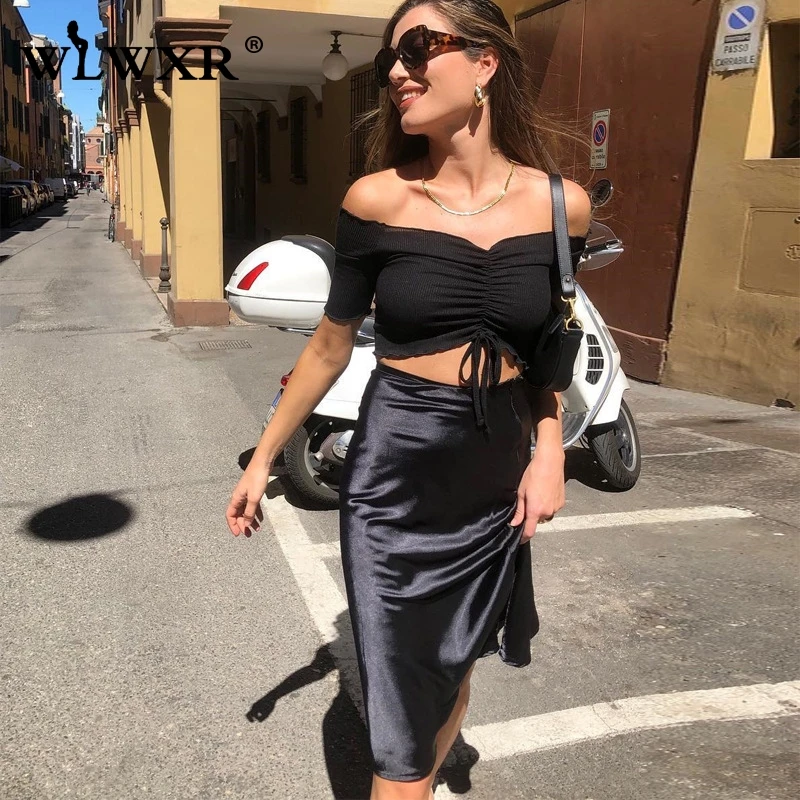 

WLWXR Black Yellow Pink Sexy Satin Skirt For Women 2019 Split Pencil High Waist Skirt Female Boho Ladies Bodycon Midi Wrap Skirt
