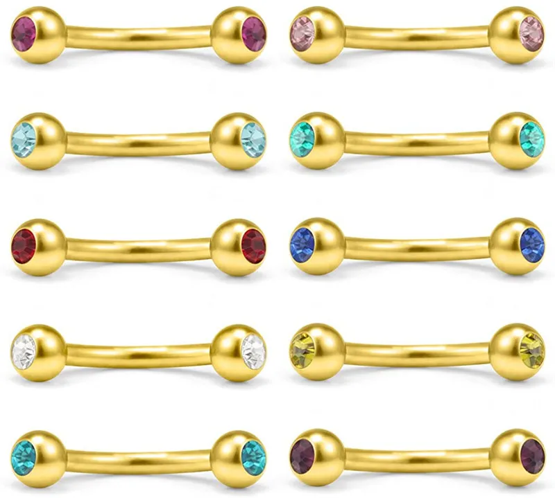 

10PCS Mix Color Double Jeweled Curved Barbell Eyebrow Tragus Lip Ring 16g 8mm
