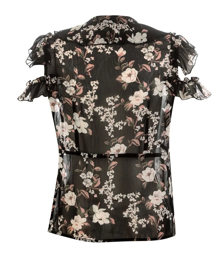 ONLY Womens Ruffled V-neckline Floral Short-sleeved Chiffon Shirt | 119104501