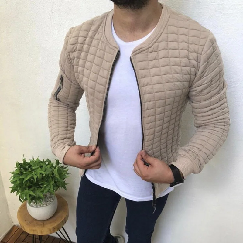 

Hip Hop Men Spring Plaid Slim Fit Jacket Thin Long Sleeve Zipper Fashion Outwear Solid O Neck Men Short Coat Casual Streetwear