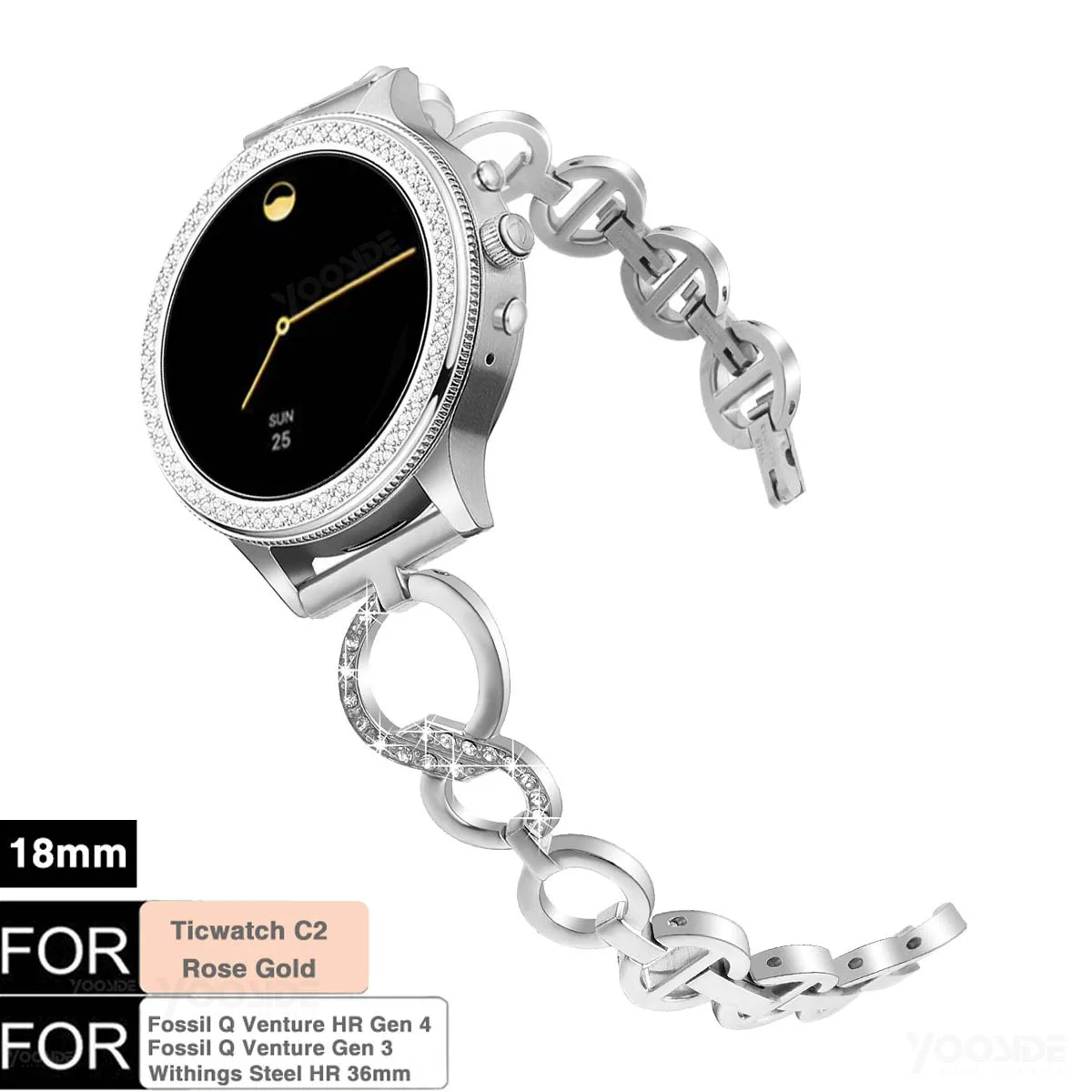 

18mm Quick Release Watch Band Stainless Steel Women Bling Crystal Wristband Strap for Fossil Q Venture Gen 4/Gen 3,Gen 4 Sport