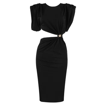 

HIGH QUALITY Newest Fashion 2020 Designer Dress Women's O-Neck puff sleeve Hollow Out Drape Party Dress