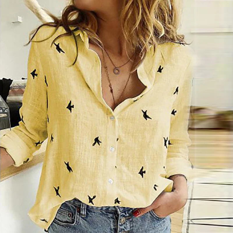  VIEUNSTA 2XL Autumn Floral Print Women Blouse 2019 Sexy Turn-down Collar Button Shirt Fashion Long 