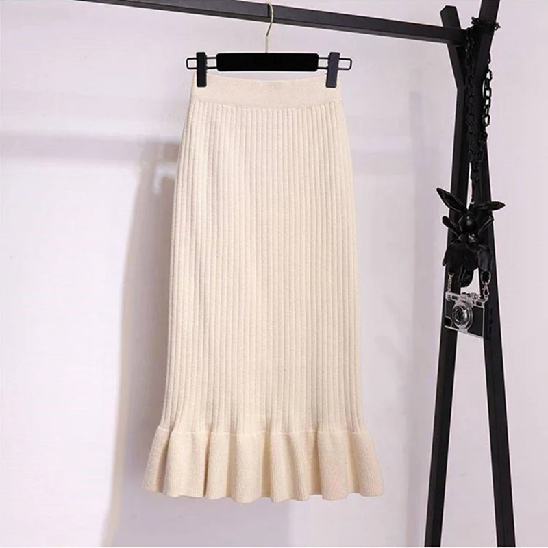 Женская Длинная трикотажная юбка осень зима женские плиссированные юбки миди макси тонкая облегающая юбка однотонная женская офисная одежда юбка