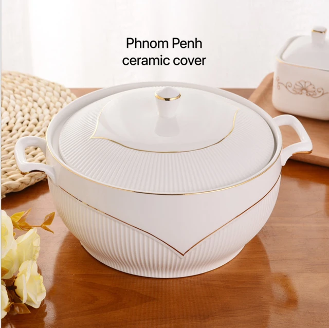 Ceramic Soup Pot  White Round Nordic Phnom Penh 2.6L Large Bowl with Lid Cooking Utensils Household Kitchen Supplies Tableware Gold ceramic cover
