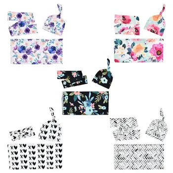 

3 Pcs Baby Printed Swaddling Wrap Blanket + Hat + Headband Set Shower Gifts H55B