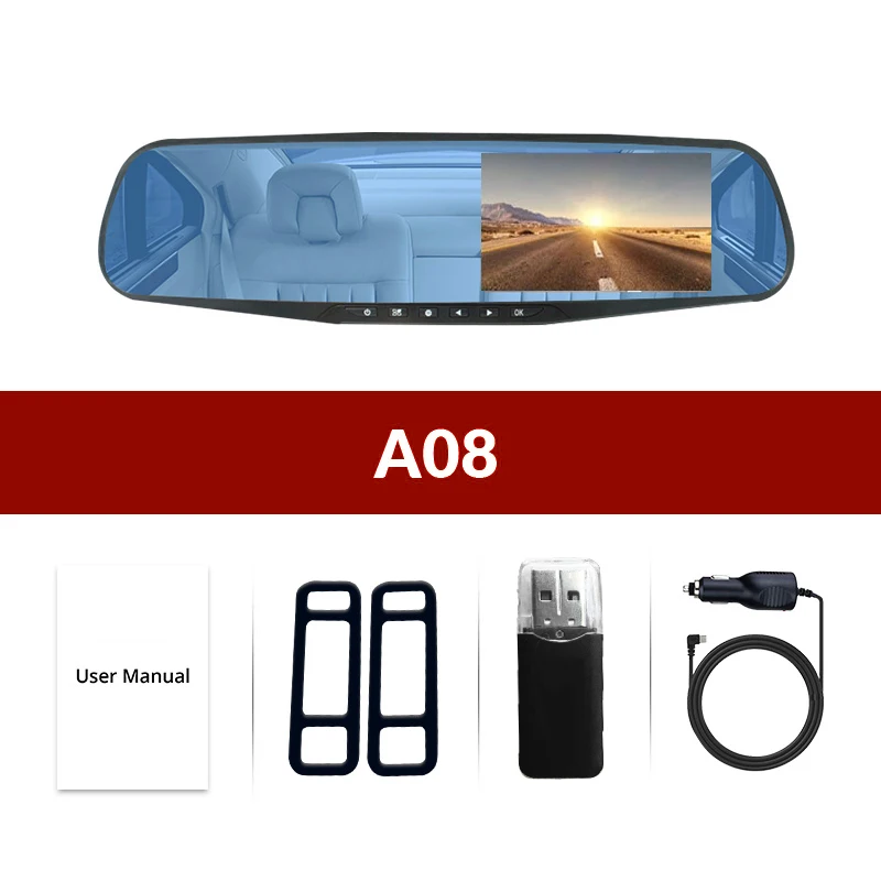 TOSPRA Full HD 1080P Автомобильный видеорегистратор Камера авто 4,3 дюймов зеркало заднего вида Автомобильная камера видеорегистратор Цифровой Авто рекордер двойной объектив - Название цвета: A08