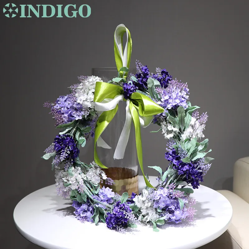 Венки для двери Индиго, диаметр 28 см, фиолетовая лаванда, романтические декоративные шелковые цветы, свадебный цветок, Рождество