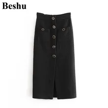 Za Женская стильная твидовая юбка миди с разрезом спереди и высокой талией, украшенная пуговицами, Женские Ретро повседневные юбки для женщин