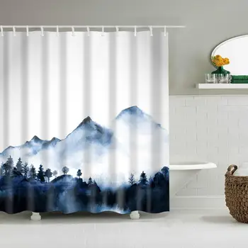 

Waterproof Thicken White and Blue Shower Curtain Misty Mountain Top Mildew Proof Bath Tub Shower Curtain with 12 pcs Hooks