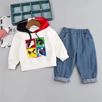 

2019 Fashion Infant Baby Boys Girls Clothes Sets Cartoon Print Long Sleeve Hooded Tops+Denim Pants 6M-4Y