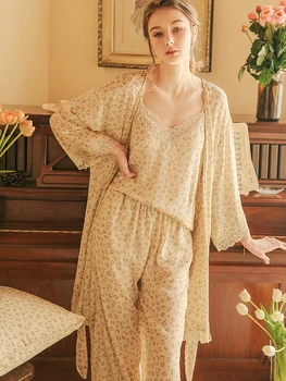 

Women Pajama Sets 3Pcs Sexy Lace robe Pyjamas Women sleepwear home clothes Cotton pijamas bathrobe Homewear Cardigan+Vest+Pants