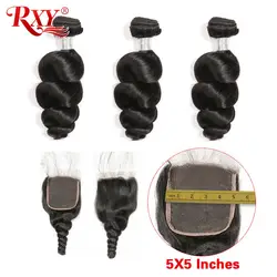 RXY 5X5, кружевное Закрытие С пучки бразильских локонов, плетение пучков, свободная волна, человеческие волосы, пучки с синтетическим