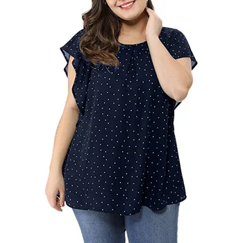 

2019 Plus Size Summer Blouse Women's Shirt O-neck Bat Sleeves Ruffled Dot Print Short-sleeved Loose Bottoming Shirt Blouse*