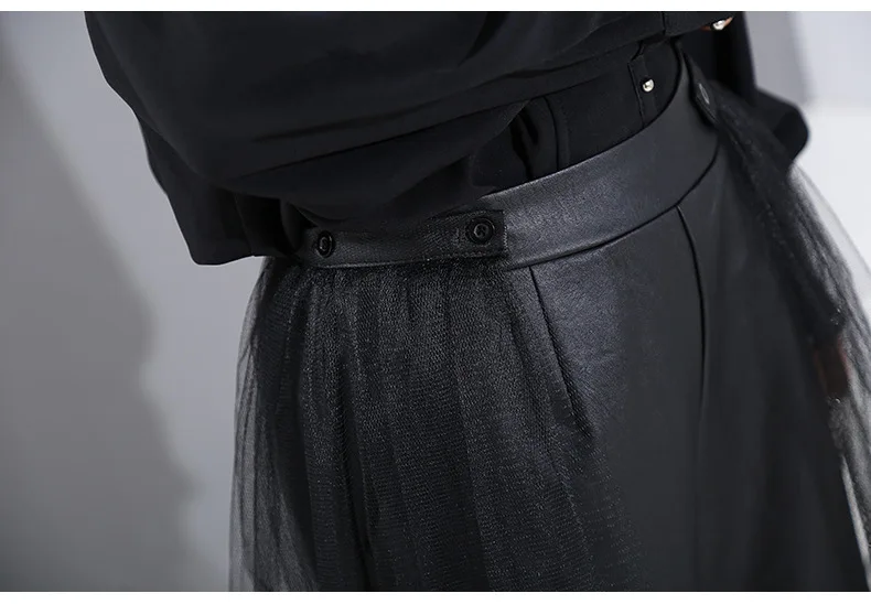 [EAM] Черные Брюки с высокой эластичной талией из искусственной кожи с сеткой, широкие брюки, новинка, свободные брюки, женские модные весенне-осенние брюки, 1K736