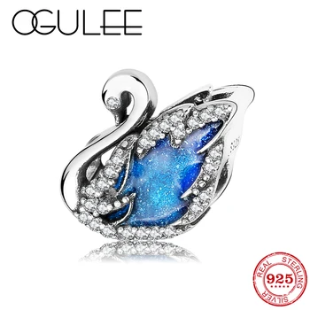 

Fairy tale 925 Sterling Silver Sparking Blue Zircon Elegant Enamel Swan Beads Fit Original Pandora Charm Bracelet Jewelry making