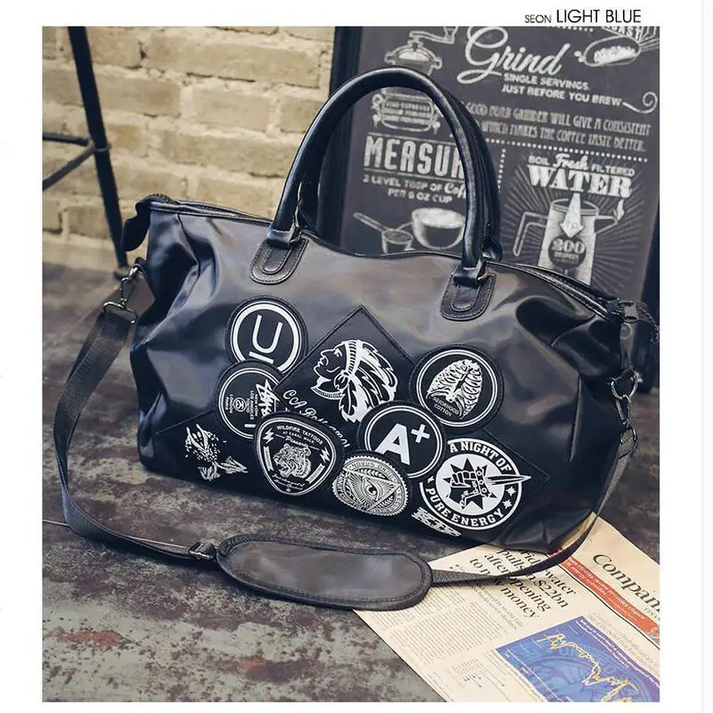 

PUOU men women handbags oxford waterproof travel bag black large-capacity graffiti badge couple fitness diagonal shoulder bag