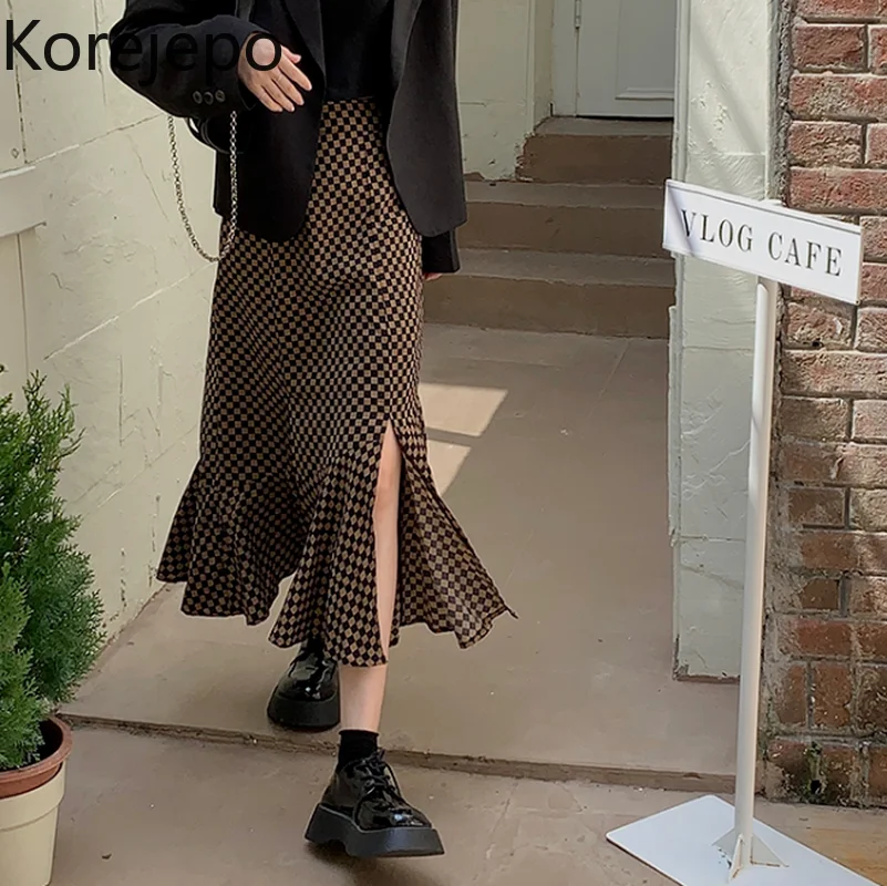 Korejepo Fishtail Skirt Medium Long Women Autumn Winter 2021 New Temperament High Waist Split Hip Wrap Thin A-line Plaid Skirts | Женская