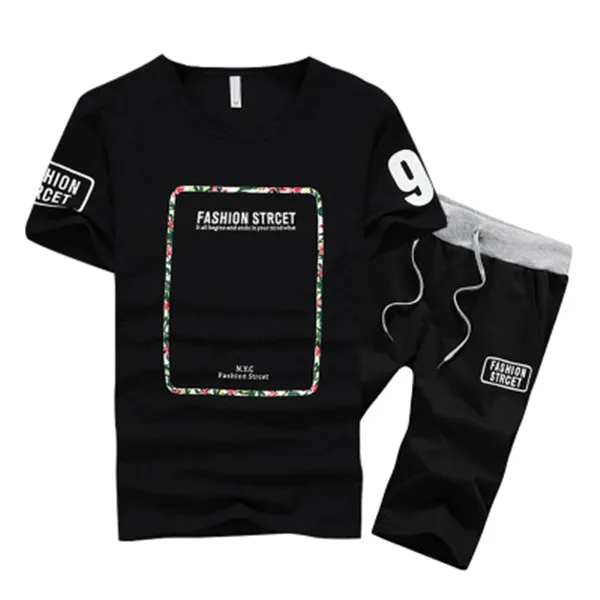 AZ-S02 black-black Aismz мужские спортивные комплекты, мужской комплект из двух предметов, летняя верхняя одежда, мужская хлопковая Футболка с принтом+ шорты, комплекты, мужской спортивный костюм - Цвет: AZ-S02 black-black