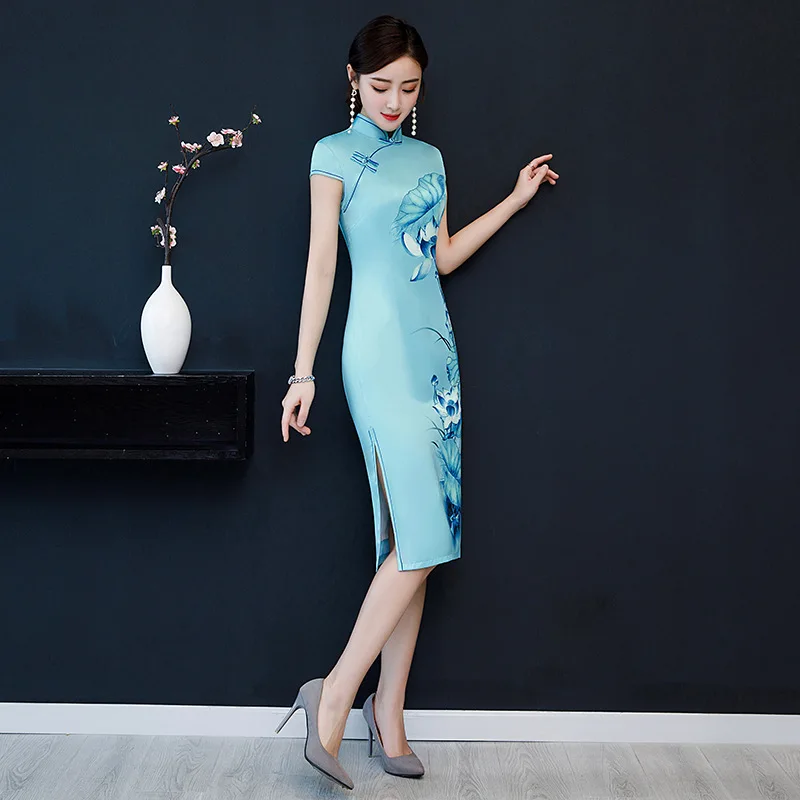 Традиционное китайское платье Vestidos винтажное атласное Qipao сексуальное Cheongsam с цветочным принтом Тонкое Qipao размер M-3XL