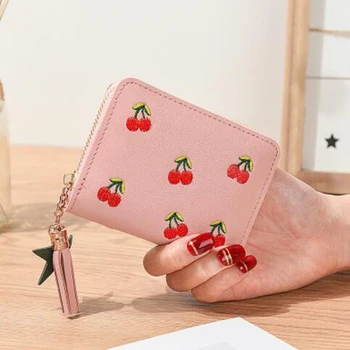 

Cherry Embroidered Short Women Wallet Fashion Zipper Coin Purse Tassel Woman Clutch Purses Cards Holder PU Coin Pocket