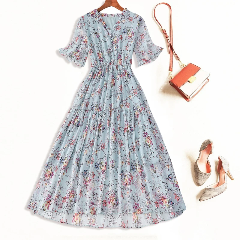 

VERDEJULIAY Runway Chiffon Dress Women 2020 Spring Summer Fashion Designer Flare Sleeve Floral Print Waist Elastic Long Dress