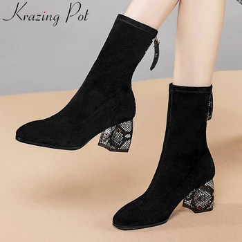 

Krazing Pot comfortable flock round toe keep warm winter shoes solid high heels runway office lady party women ankle boots L0f1