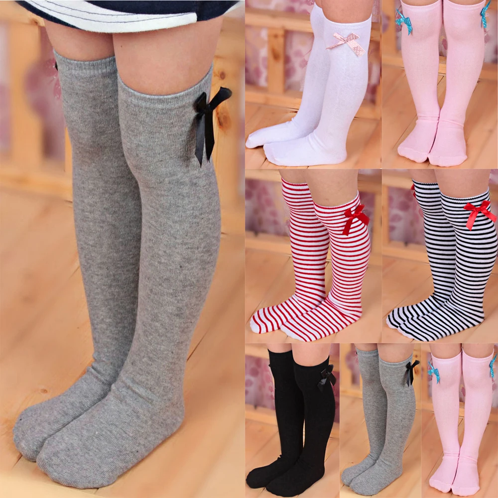 

Kid Girl Sweet Princess Bowknot Striped Boot Sock Winter Knee High Warm Socks Girl Mid stocking Color Mixed Stretch Stocking D40