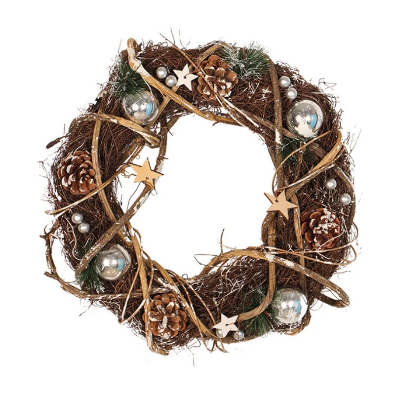 Christmas Artificial Rattan Wreath With Silver Balls And Pine Cones Holiday Front Door Wall Window Hanging Wreath Decor Garland - Цвет: as the picture