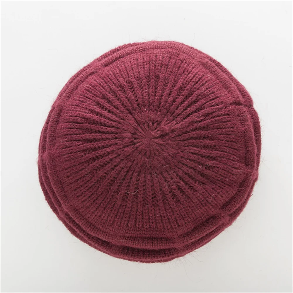 BEFORW New Knitted Warm Winter Wool Hats For Women Classic French Plus Velvet Beret Jacquard Casual Caps - Цвет: Deep Red