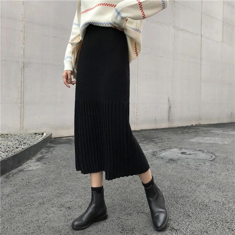 All-match Pleated Skirt Women Korean Retro Chic Simple Knit Skirt High Waist Autumn Winter Solid Color Elegant Black Falda Midi