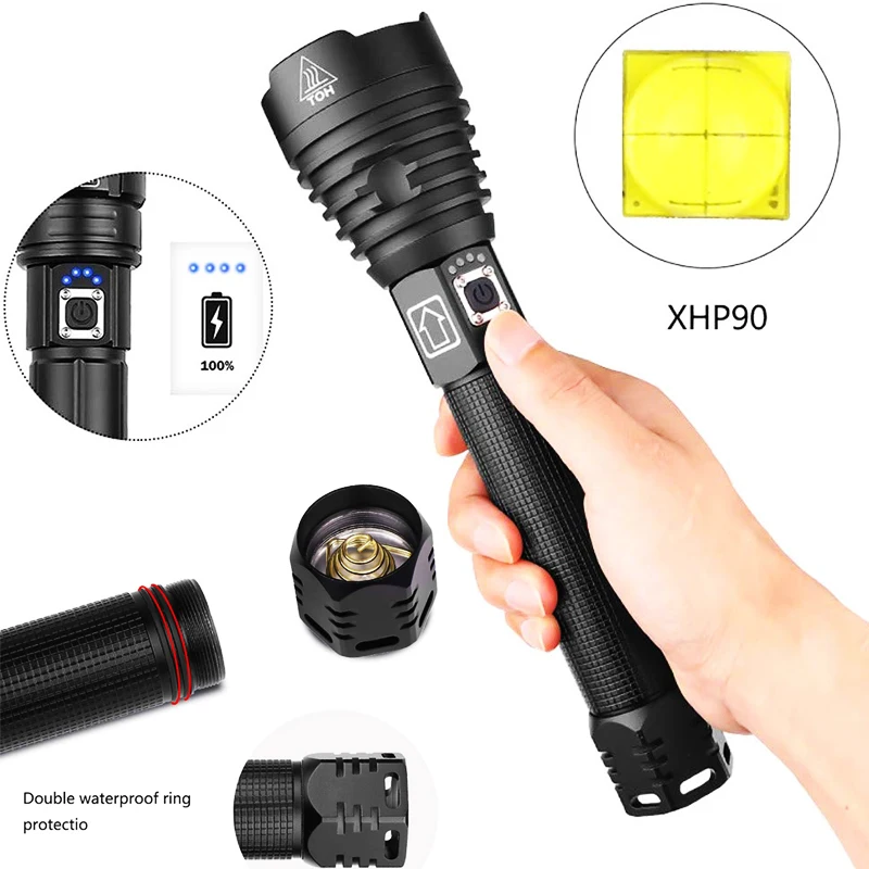 ZK20 супер яркий XHP90 светодиодный светильник-вспышка с высокими люменами, масштабируемый USB Перезаряжаемый мощный дисплей, мощный фонарь 26650, ручной светильник