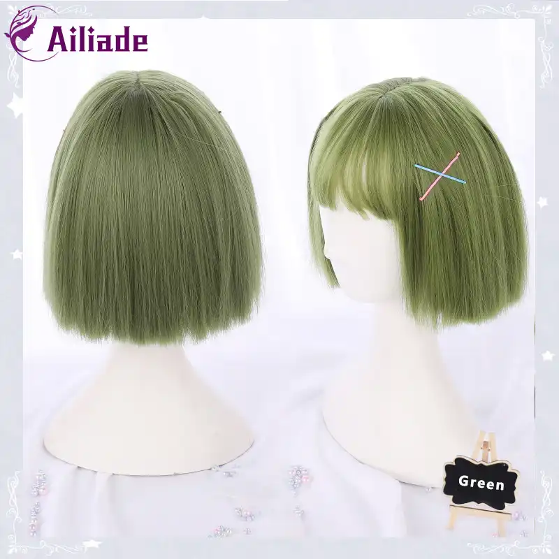 Ailiade ストレート緑合成かつら女性のための前髪ショートボブウィッグ