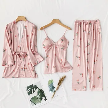 

2020 New Female Kimono Bathrobe Gown 3PCS Sleep Set Print Flower Satin Nightwear Sleepwear Casual Beige Homewear Negligee