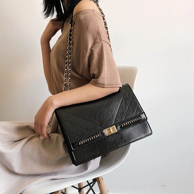 

Burminsa Vintage Oil Wax Chain Shoulder Bags For Women Large Capacity High Quality Lock Square Ladies Messenger Bags Autumn 2019