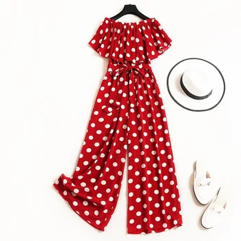 

2020 Summer Jumpsuits New Women's One-way Neck Short-sleeved Tie-up Chiffon Print Polka Dot One-piece Casual Trousers