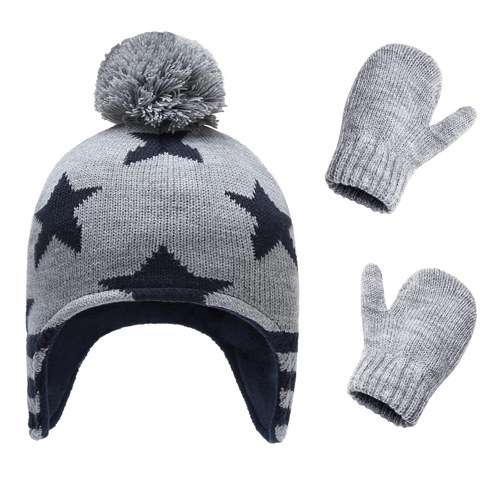 Winter Hat Gloves Set Boy Earflap Knit 