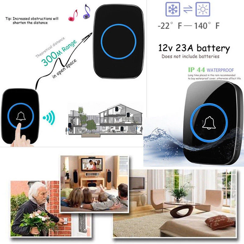 20-80 DB Wireless Doorbell Waterproof 300M Remote 38 Songs Chime Smart Door Bell EU/US/UK 1 Transmitter+1 Plug in Receiver