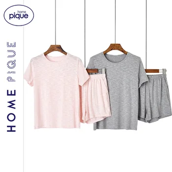

New Style Slub Cotton Pajamas Women'S Summer Solid Color Loose-Fit Soft Crew Neck Short Sleeve Shorts Large Size Homewear Set Wo