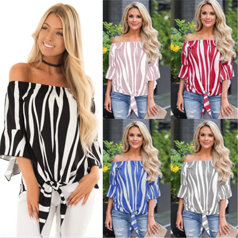 

Women Chiffon Blouse Summer Three Quarter Sleeve Sexy Slash Neck Shirt Fashion Bandage Striped Flare Sleeve Blouse blusas 30