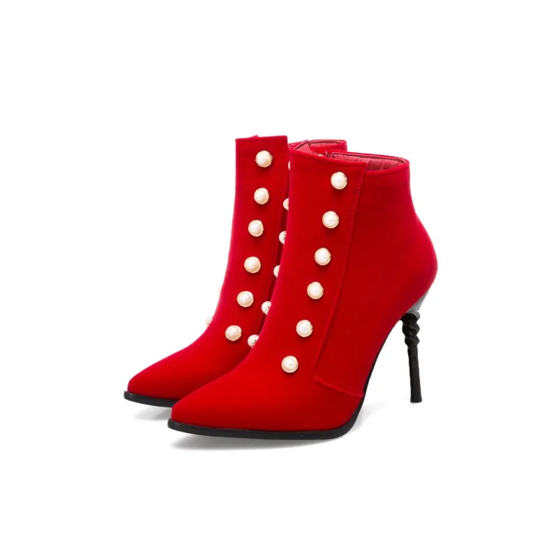 Big Size Maɺm Fine heel Short boots Pure color Pearl decoration boot barrel High | Обувь