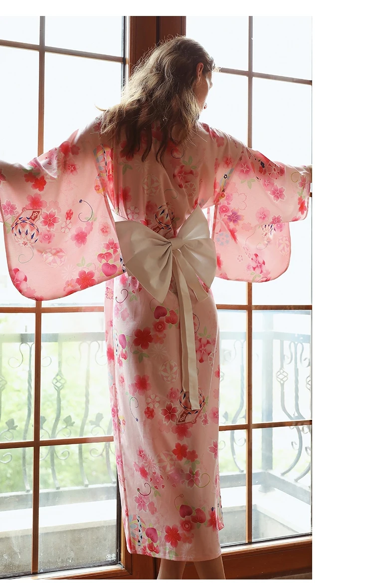 Sexy pink Japanese-style print kimono ancient robe bow perspective uniform temptation nightgown nightdress suit
