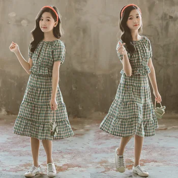 

Plaid Girls Clothing Set 2020 Summer Cotton Shirt and Cake Skirt Set for Teen Girls Cute Baby Girls Elegant Two Piece Set, #8518