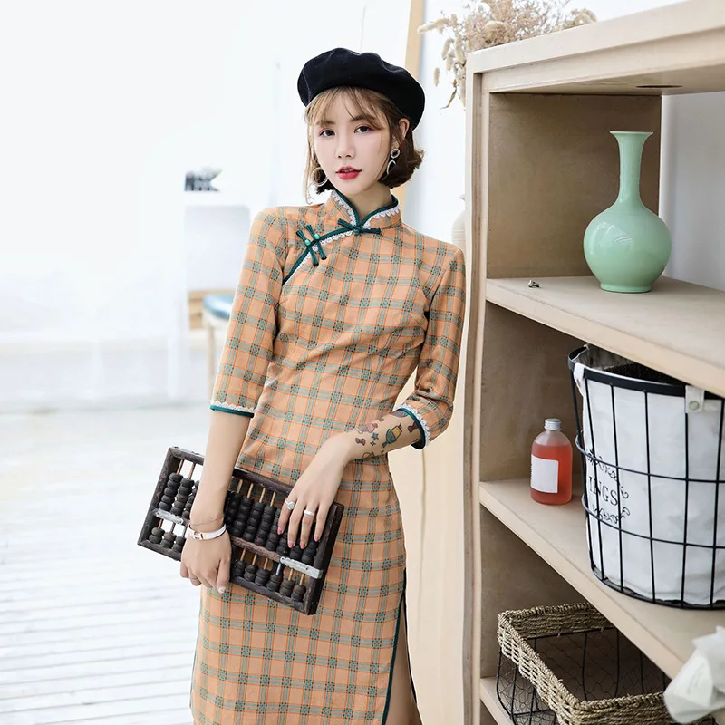 

Fashion Oriental Style Plaid Retro Cheongsam China Dresses Qi Pao Women Chinese Traditional Clothing Orientale Daily Dress Qipao