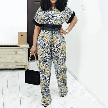 

Women Two Pieces Set Plus Size 2xl Vintage Fashion Office 2 Pieces Suits Summer African 2020 Retro T-shirt Long Pants With Belt