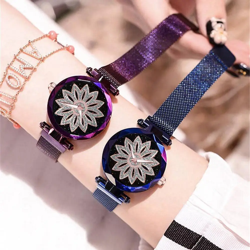 2019 женские часы Звездное небо Роскошные модные цветы алмаз магнит для женщин часы Женские кварцевые наручные часы reloj mujer Часы