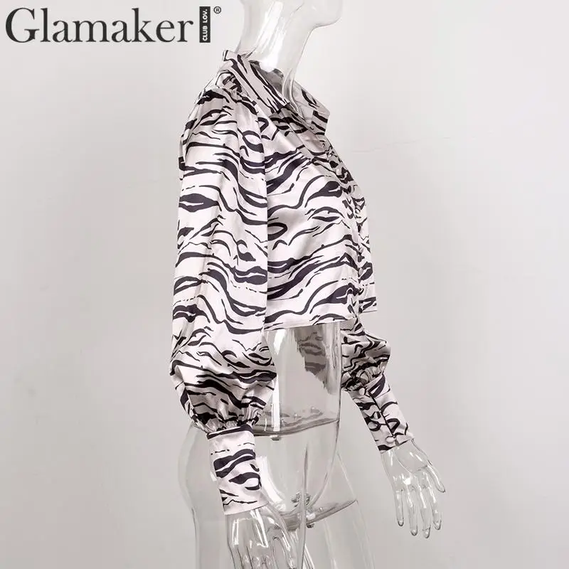 Glamaker полосатая атласная блузка с принтом Женская Осенняя зимняя рубашка с длинным рукавом-фонариком элегантная женская рубашка с отложным воротником на пуговицах