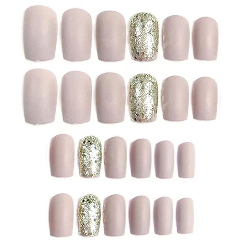 24Pcs/set Acrylic Fake Nails Matte Frosted Short False Nail Tips Gold&Brown