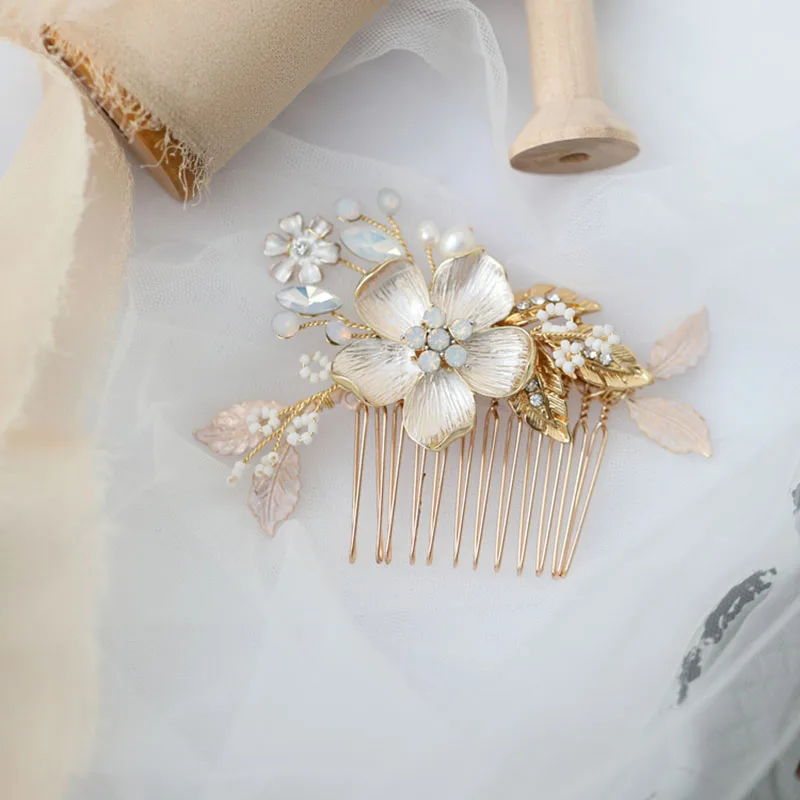 SLBRIDAL Handmade Opal Crystal Pearl Alloy Flower Bridal Hair Comb Hair Clip Hair Pin Set Wedding Hair Accessories Women Jewelry