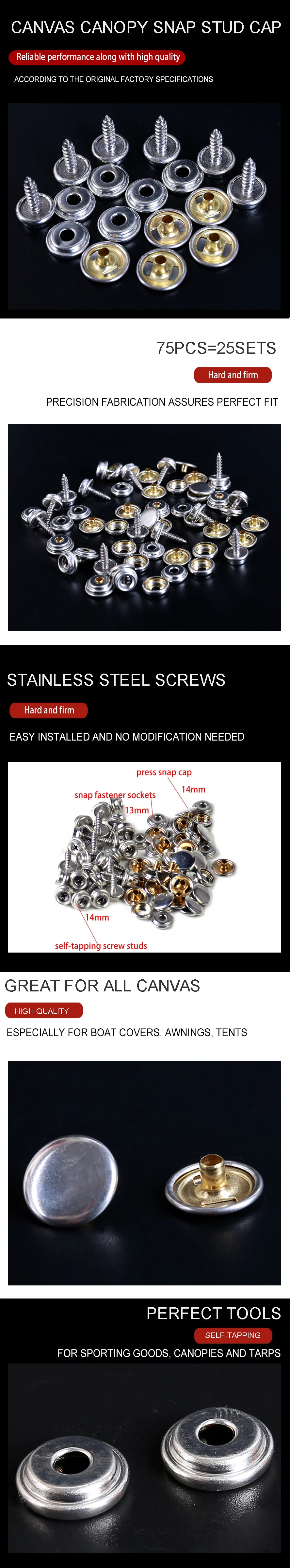 Wooeight 75Pcs Silver Screw Stud Stainless Steel Fastener Snap Press Stud Cap Button for Tent Marine Boat Canvas Leather Craft (10)